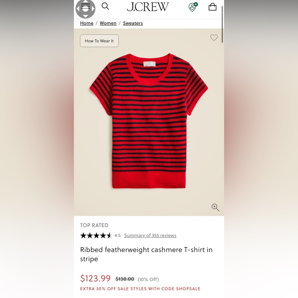 J. Crew cropped ribbed featherweight cashmere t-shirt,size M